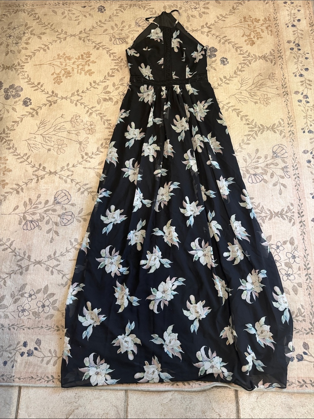 David's Bridal Black Floral Halter Maxi Dress with White and Pale Green Blooms